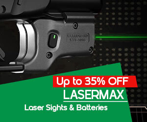 graphic, close-up of a dark grey LaserMax-style pistol grip accessory on a handgun with a visible green indicator light and a green laser grid in the background, text, Up to 35% OFF LASERMAX Laser Sights & Batteries 