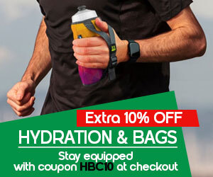 graphic, a running man holding a hydration bottle, text, Stay equipped with 10% OFF by HBC10 coupon on our Hydration & Bags selection