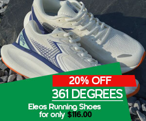 Graphic, 361 Degrees Eleos white and blue running shoes on gravel surface, text, 361 Degrees Eleos Running Shoes 20% off - for $116 only