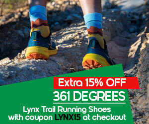 graphic, Person wearing colorful 361 Degrees Lynx Trail Running Shoes on a rocky outdoor path, text,  Run stronger with 15% OFF 361 DEGREES Lynx Trail Running Shoes — Use LYNX15 at checkout