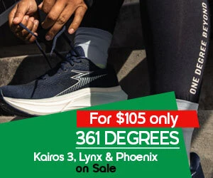 graphic, close-up of a person's hands tying the laces of a dark blue 361 Degrees running shoe while sitting on concrete stairs, text, 361 Degrees Kairos 3, Lynx & Phoenix Running Shoes on Sale - for $105 only