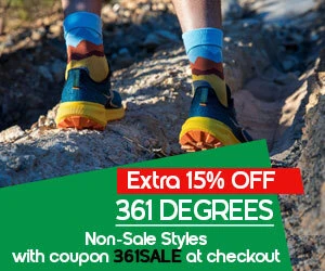 graphic, close-up from behind of a person's lower legs hiking on a rocky trail wearing scenic mountain-print socks and dark blue 361 Degrees trail running shoes with orange soles, text, Save 15% on 361 DEGREES Non-Sale Styles with Code 361SALE