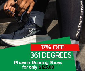Graphic, person tying 361 Degrees Phoenix dark running shoes with branded leggings, text, 361 Degrees Phoenix Running Shoes 17% off - for $125 only