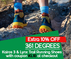 Graphic, person standing on rocky trail in vibrant running shoes, text, Run stronger with 10% OFF 361 DEGREES Kairos 3 & Lynx Trail Running Shoes - Use KL10 at checkout