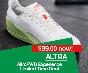 graphic, close-up of a white Altra AltraFWD Experience running shoe with green midsole on a gym floor, text, $99.00 now! ALTRA AltraFWD Experience Limited Time Deal