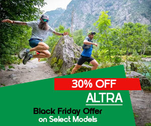 Graphic, two people jumping on forest trail with mountains, text,  Black Friday & Cyber Monday Offer: Enjoy 30% OFF ALTRA Lone Peak 9 / Escalante 4 / Experience Form