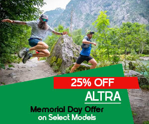 Graphic, two people jumping on forest trail with mountains, text, Altra Memorial Day offer 25% off select models