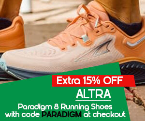 Graphic, ALTRA Paradigm 8 shoes on runner’s feet in outdoor setting, text, Step into the launch of ALTRA Paradigm 8 Shoes: enjoy launch-only 15% off with code PARADIGM