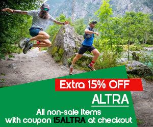 graphic, two men trail running in a rocky, forested area next to a bright blue river, text, Extra 15% OFF ALTRA All non-sale Items with coupon 15ALTRA at checkout