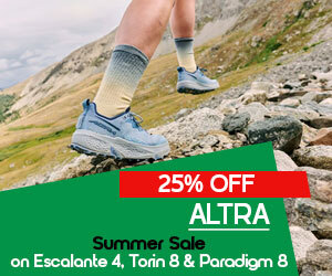 graphic, close-up of a person's legs hiking on a rocky mountain trail wearing blue Altra shoes and gradient socks, text, Get Outside with ALTRA! 25% OFF Summer-Ready Running Shoes