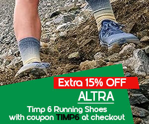 Graphic, close‑up of blue ALTRA Timp 6 shoes on uneven terrain, text, Step into the launch of ALTRA Timp 6 Shoes: enjoy launch-only 15% off with code TIMP6