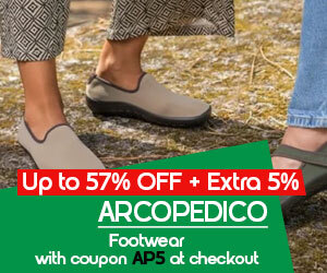 graphic, two pairs of feet wearing Arcopedico shoes on a casual background, text, Save on ARCOPEDICO Footwear: Up to 57% OFF  + Extra 5% OFF with code AP5 at checkout