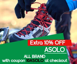 Graphic, hiker securing laces on ASOLO footwear, text, Don’t miss the 10% OFF deal on ASOLO Boots & Shoes, ALL BRAND - discount reveals with code 10ASOLO at checkout