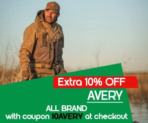 Graphic, person in outdoor gear standing in grassy marsh area, text, AVERY ALL BRAND - 10% OFF with code 10AVERY at checkout