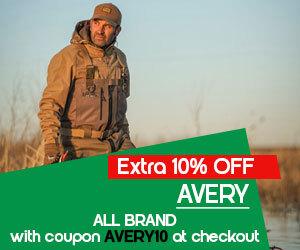 graphic, person in Avery outdoor gear standing in a marshland setting, text, AVERY ALL BRAND - 10% OFF with code AVERY10 at checkout