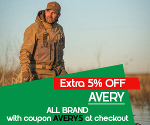 graphic, person in Avery outdoor gear standing in a marshland setting, text, AVERY ALL BRAND - 5% OFF with code AVERY5 at checkout