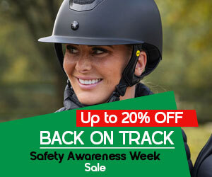 Graphic, rider wearing black helmet and jacket in bright outdoor setting, text, Save up to 20% on BACK ON TRACK Therapeutic solutions for horses and riders