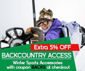 Graphic, winter sports enthusiast in snowy setting with Backcountry Access gear, text, Backcountry Access winter accessories extra 5% off with coupon BACK5
