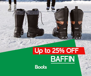 Graphic, two pairs of winter boots on snowy surface with people in background, text, Baffin Boots up to 25% off