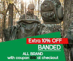 Graphic, person in forest wearing camouflage clothing with gear around, text, Hunt for Less! BANDED ALL BRAND - EXTRA 10% OFF with code B10 at checkout