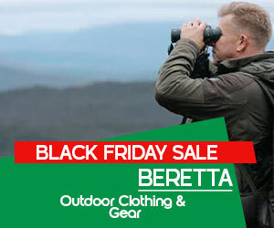 Graphic, hunter with binoculars in mountain setting, text,  Beretta Clothing & Accessories Big Black Friday Sale