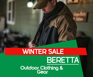 Graphic, person adjusting Beretta outdoor jacket on porch, text, Beretta Winter Sale outdoor clothing and gear