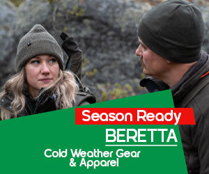 graphic, two people in winter outdoor clothing standing in cold weather setting, text,  BERETTA Cold Weather Gear & Apparel: Exceptional Warmth 