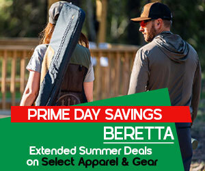 graphic, a man and a woman walking outdoors in a wooded area with the woman carrying a Beretta case on her back, text, BERETTA PRIME DAY SAVINGS - EXTENDED SUMMER DEALS ON SELECT APPAREL & GEAR