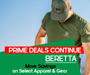 graphic, a man looking down wearing an olive green Beretta t-shirt and cap against a clear blue sky, text, PRIME DEALS CONTINUE BERETTA - More Savings on Select Apparel & Gear