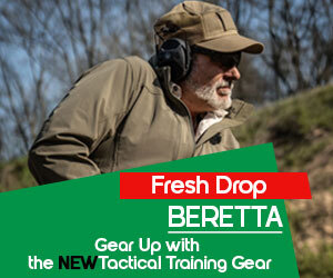 Graphic, person in tactical gear with earmuffs in rugged outdoor environment, text, Explore the New BERETTA Collection: The Latest in Tactical Training Gear