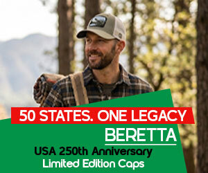 Graphic, man walking in wooded landscape wearing beige BERETTA cap and carrying pack, text, 50 States. One Legacy – Beretta USA 250th Anniversary Limited Edition Caps
