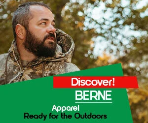 graphic, a bearded man wearing a camouflage BERNE hoodie looking over his shoulder in a wooded area, text, Discover: BERNE APPAREL - Ready for the Outdoors!