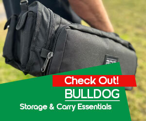 Graphic, durable black storage bag with zipper shown in outdoor setting, text, Check Out BULLDOG Storage & Carry Essentials