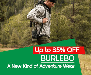 Graphic, man in camo jacket walking through forest, text,  BURLEBO: Apparel Built for Adventure - Up to 37% OFF!
