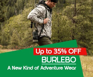 Graphic, man in camo jacket walking through forest, text,  BURLEBO: Apparel Built for Adventure - Up to 37% OFF!