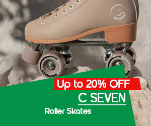 Graphic, beige roller skate on neutral background, text, C SEVEN roller skates up to 20% off