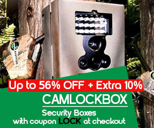 graphic, trail camera secured in tree-mounted security box, text,  CAMLOCKBOX Security Boxes Up to 56% OFF + Extra 10% OFF with code LOCK at checkout