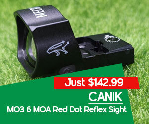 graphic, CANIK MO3 & MO4 red dot reflex sight displayed on the grass, text, Get the CANIK MeCanik MO3 6 MOA Red Dot Competition Reflex Sight for just $159.99
