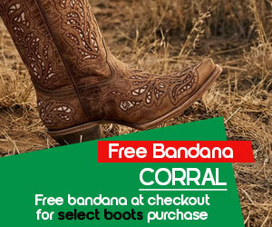 Graphic, close‑up of brown Western boots with decorative cutouts standing on dry grass, text, Complete Your Perfect Western Set: Free Bandana with Select CORRAL Boots