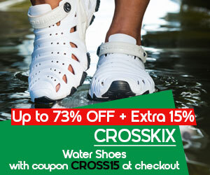 graphic, close-up of white water shoes in shallow water, text, Get up to 73% OFF + Extra 15% OFF on CROSSKIX Water Shoes with code CROSS15