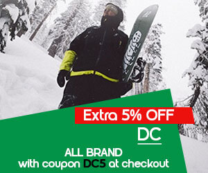 Graphic, winter sports scene with snowboarder posing in fresh snow, text, Hit the snow in style with DC Snowboarding gear – 5% OFF with code DC5 at checkout