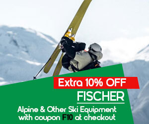 Graphic, skier mid-air with yellow skis and mountain backdrop, text, FISCHER Alpine & Other Ski Equipment 10% OFF with code F10 at checkout