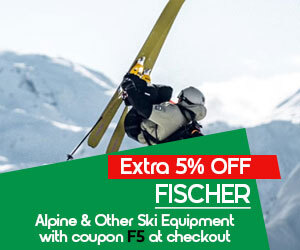 Graphic, skier mid-air with yellow skis and mountain backdrop, text, FISCHER alpine and ski gear extra 5% off with coupon F5