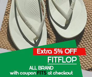 Graphic, light-colored flip-flops on woven mat, text, FITFLOP footwear extra 5% off with coupon FIT5