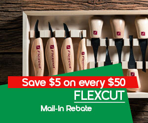 graphic, set of Flexcut carving tools arranged on a wooden surface, text, Save $5 on EVERY $50 purchased in Flexcut Products