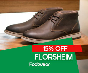 graphic, Pair of brown leather Florsheim shoes on a wooden surface , text, Upgrade your shoe game with FLORSHEIM Footwear - 15% OFF