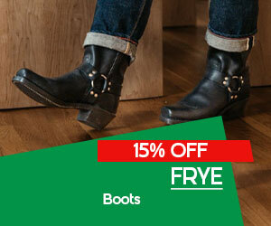 graphic, Black leather FRYE boots with metal buckles worn with rolled-up jeans , text, Step into style with FRYE Boots - now up to 15% OFF