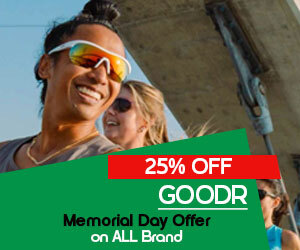 Graphic, close‑up of smiling people in sunglasses with urban outdoor background, text, Memorial Day Offer: May 21-25 Enjoy 25% OFF ALL GOODR Sunglasses