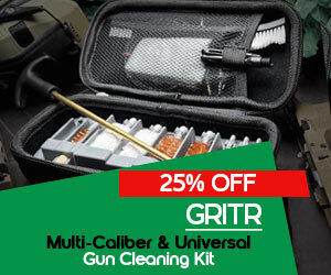 Graphic, GRITR multi‑caliber gun cleaning set arranged in open case, Text, 25% Off GRITR Multi‑Caliber & Universal Gun Cleaning Kit
