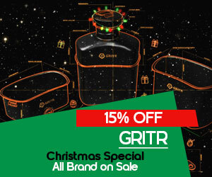 Graphic, GRITR flask with Christmas lights and schematic outlines on starry background, text, GRITR Christmas Special 15% off all brand 